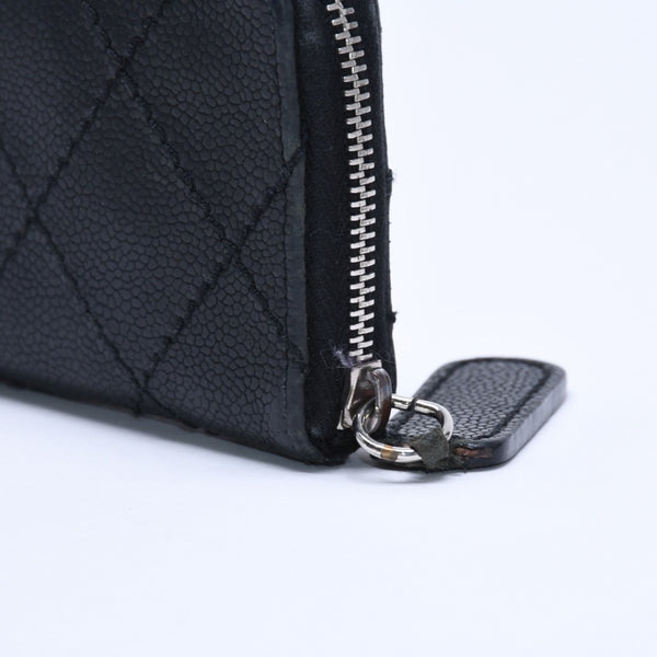 CHANEL Leather Wallet Card Case Coco Mark Wild Stitch Caviar Skin No. 10 Black Silver Hardware Good Condition Used 4a005094