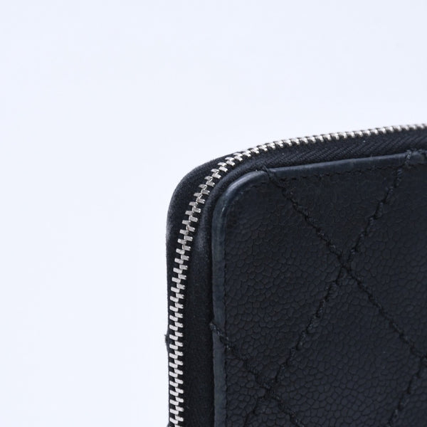 CHANEL Leather Wallet Card Case Coco Mark Wild Stitch Caviar Skin No. 10 Black Silver Hardware Good Condition Used 4a005094