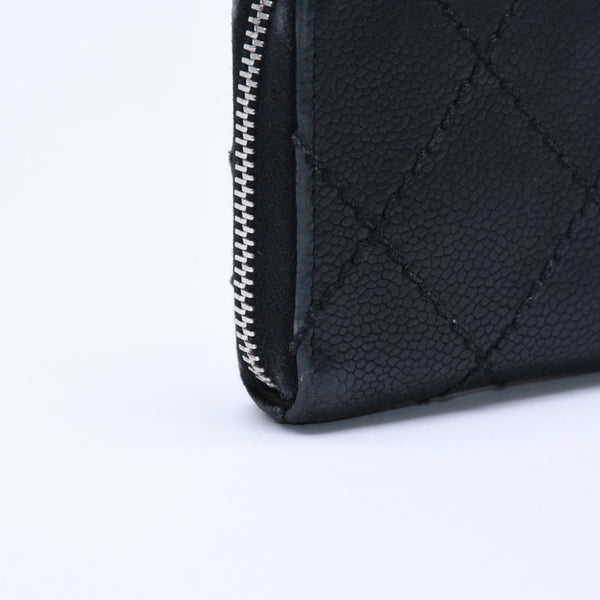 CHANEL Leather Wallet Card Case Coco Mark Wild Stitch Caviar Skin No. 10 Black Silver Hardware Good Condition Used 4a005094
