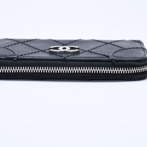 CHANEL Leather Wallet Card Case Coco Mark Wild Stitch Caviar Skin No. 10 Black Silver Hardware Good Condition Used 4a005094