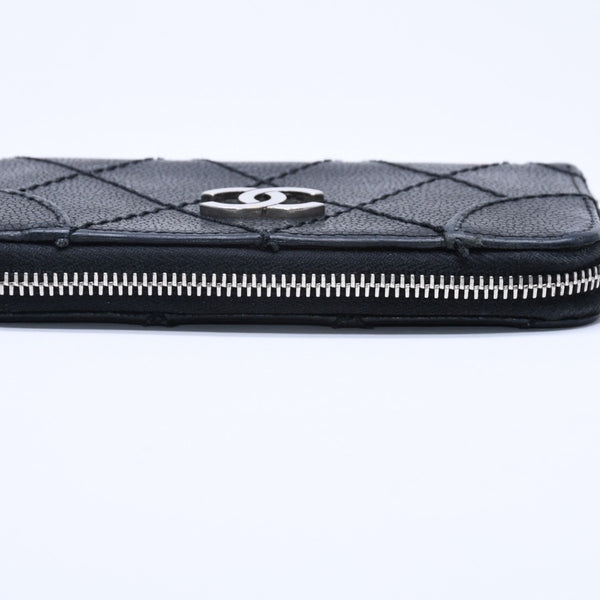 CHANEL Leather Wallet Card Case Coco Mark Wild Stitch Caviar Skin No. 10 Black Silver Hardware Good Condition Used 4a005094