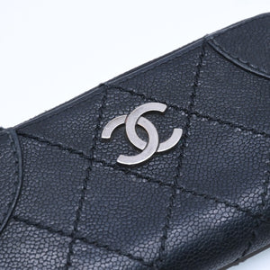 CHANEL Leather Wallet Card Case Coco Mark Wild Stitch Caviar Skin No. 10 Black Silver Hardware Good Condition Used 4a005094