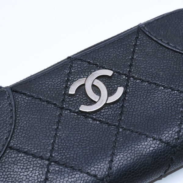CHANEL Leather Wallet Card Case Coco Mark Wild Stitch Caviar Skin No. 10 Black Silver Hardware Good Condition Used 4a005094