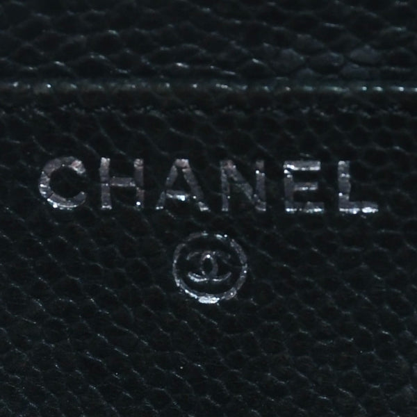 CHANEL Leather Wallet Card Case Coco Mark Wild Stitch Caviar Skin No. 10 Black Silver Hardware Good Condition Used 4a005094