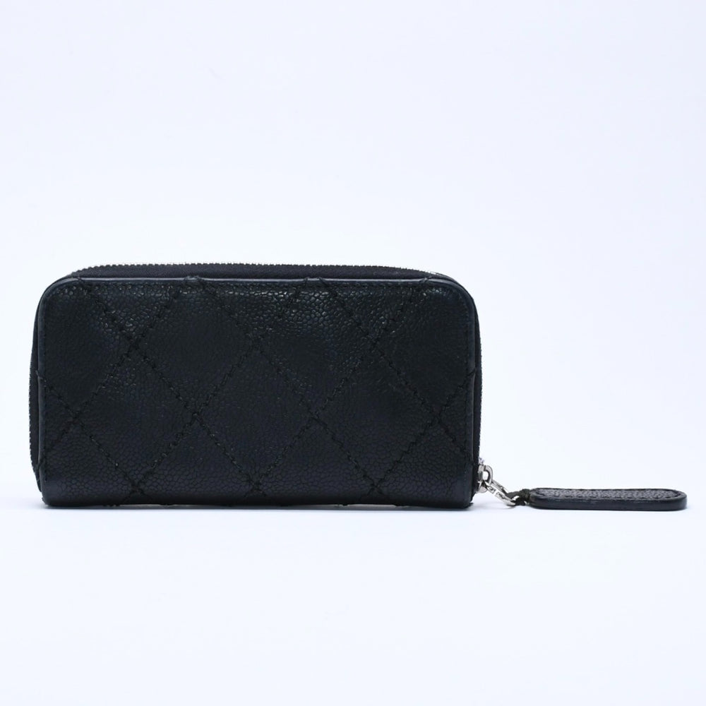 CHANEL Leather Wallet Card Case Coco Mark Wild Stitch Caviar Skin No. 10 Black Silver Hardware Good Condition Used 4a005094