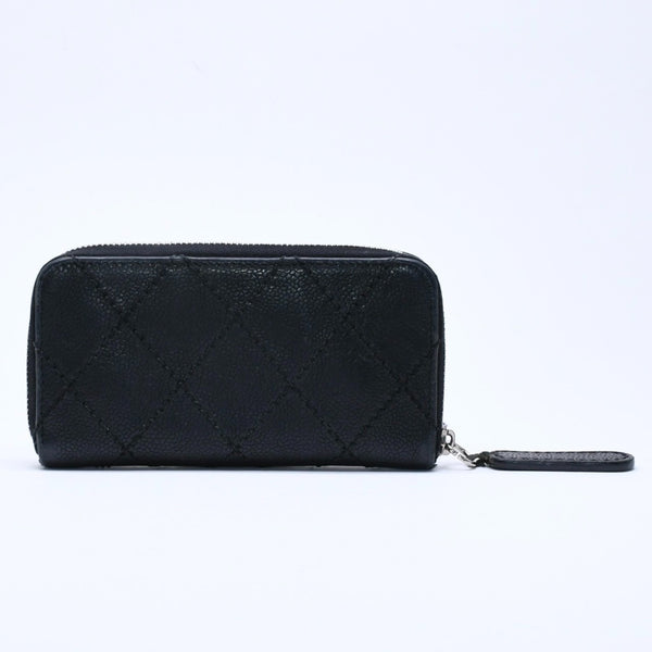 CHANEL Leather Wallet Card Case Coco Mark Wild Stitch Caviar Skin No. 10 Black Silver Hardware Good Condition Used 4a005094
