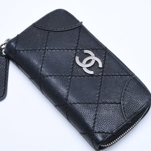 CHANEL Leather Wallet Card Case Coco Mark Wild Stitch Caviar Skin No. 10 Black Silver Hardware Good Condition Used 4a005094