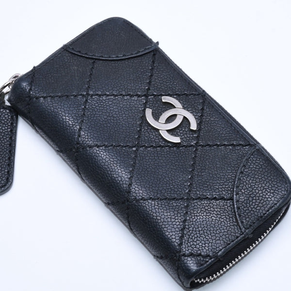 CHANEL Leather Wallet Card Case Coco Mark Wild Stitch Caviar Skin No. 10 Black Silver Hardware Good Condition Used 4a005094