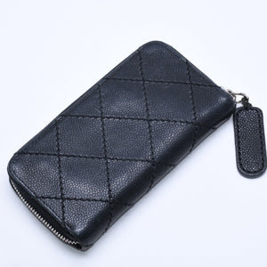 CHANEL Leather Wallet Card Case Coco Mark Wild Stitch Caviar Skin No. 10 Black Silver Hardware Good Condition Used 4a005094