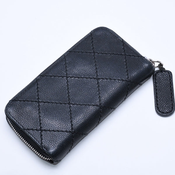 CHANEL Leather Wallet Card Case Coco Mark Wild Stitch Caviar Skin No. 10 Black Silver Hardware Good Condition Used 4a005094