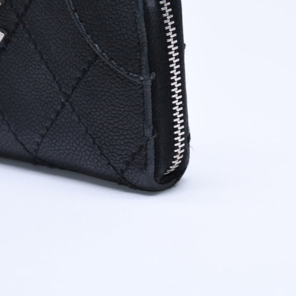 CHANEL Leather Wallet Card Case Coco Mark Wild Stitch Caviar Skin No. 10 Black Silver Hardware Good Condition Used 4a005094