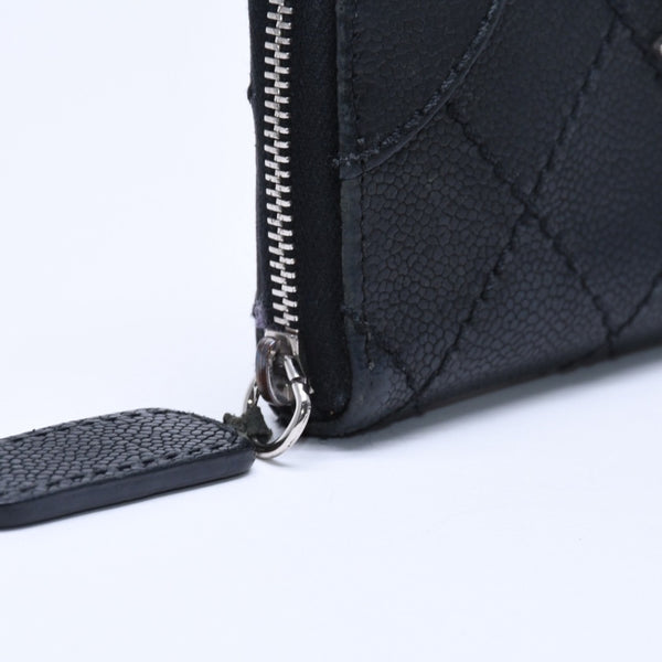 CHANEL Leather Wallet Card Case Coco Mark Wild Stitch Caviar Skin No. 10 Black Silver Hardware Good Condition Used 4a005094