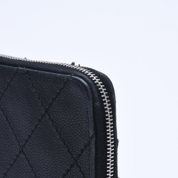 CHANEL Leather Wallet Card Case Coco Mark Wild Stitch Caviar Skin No. 10 Black Silver Hardware Good Condition Used 4a005094