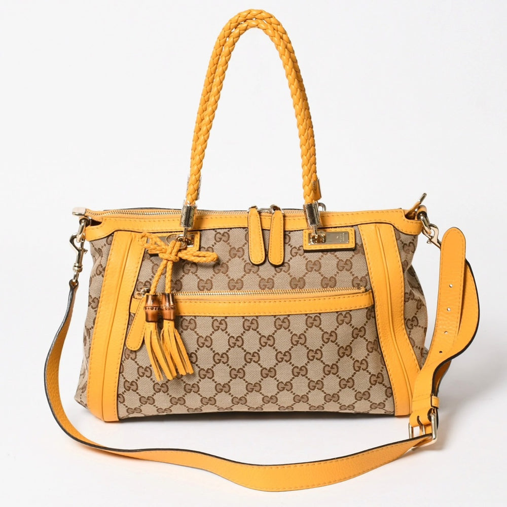 極美品 GUCCI グッチ 2WAY ショルダー ハンドバッグ 232300 GGキャンバス バンブー ベラ レザー ベージュ 中古 4a005098