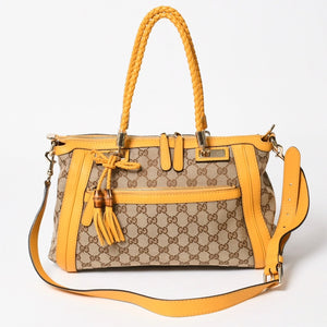 極美品 GUCCI グッチ 2WAY ショルダー ハンドバッグ 232300 GGキャンバス バンブー ベラ レザー ベージュ 中古 4a005098