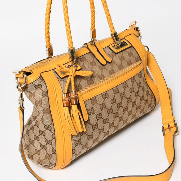 極美品 GUCCI グッチ 2WAY ショルダー ハンドバッグ 232300 GGキャンバス バンブー ベラ レザー ベージュ 中古 4a005098
