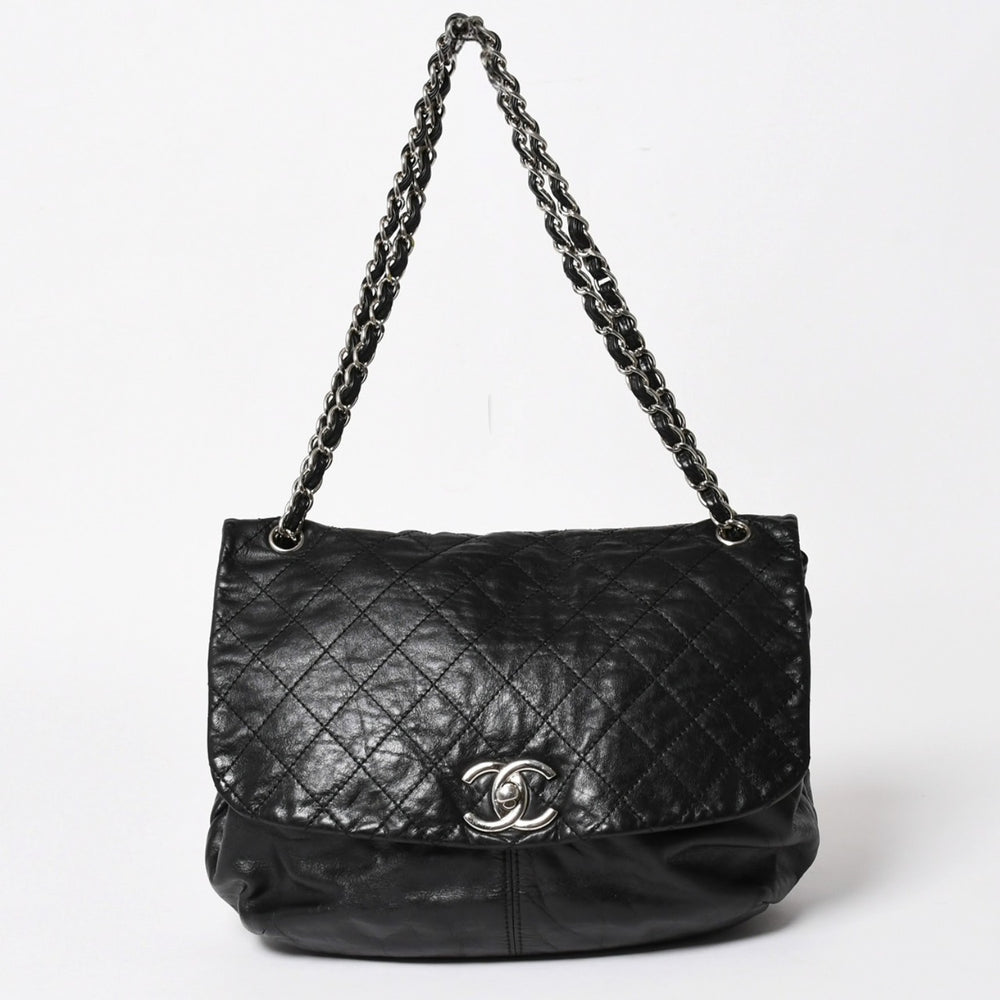 極美品 CHANEL シャネル Sフラップ Wチェーンショルダーバッグ 18番台 ココマーク カーフスキン ブラック シルバー金具 中古 4a005240