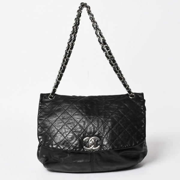 極美品 CHANEL シャネル Sフラップ Wチェーンショルダーバッグ 18番台 ココマーク カーフスキン ブラック シルバー金具 中古 4a005240