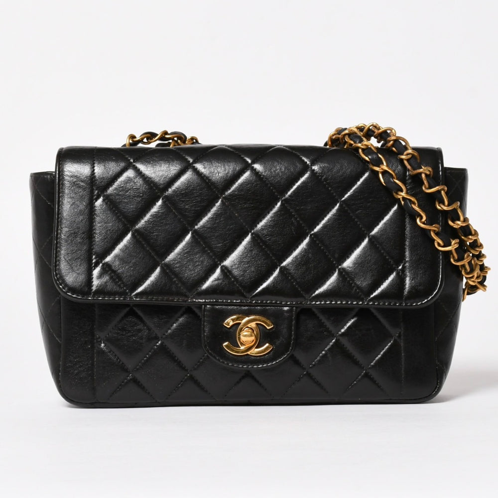 CHANEL シャネル Sフラップ Wチェーンショルダーバッグ 4番台 ココマーク ラムスキン ブラック ゴールド金具 美品 中古 4a005279