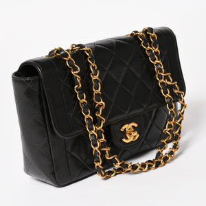 CHANEL シャネル Sフラップ Wチェーンショルダーバッグ 4番台 ココマーク ラムスキン ブラック ゴールド金具 美品 中古 4a005279