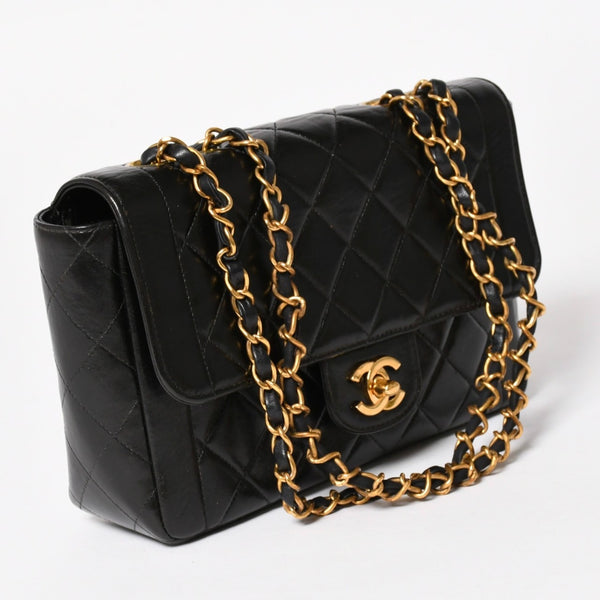 CHANEL シャネル Sフラップ Wチェーンショルダーバッグ 4番台 ココマーク ラムスキン ブラック ゴールド金具 美品 中古 4a005279