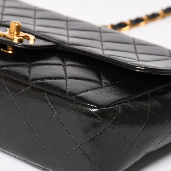 CHANEL シャネル Sフラップ Wチェーンショルダーバッグ 4番台 ココマーク ラムスキン ブラック ゴールド金具 美品 中古 4a005279