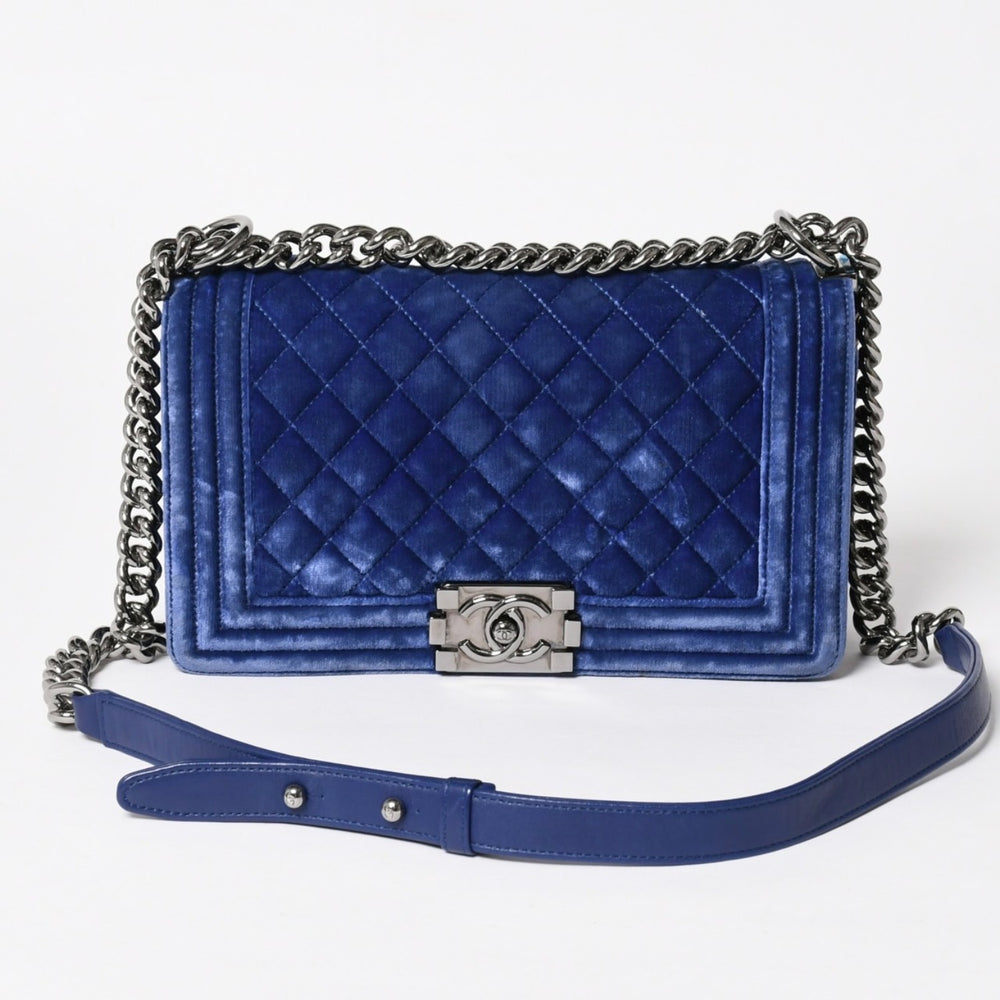 CHANEL Boy Chanel Chain Shoulder Bag No. 21 Coco Mark Velvet Leather Blue Good Condition Used 4a005100