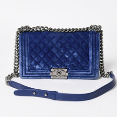 CHANEL Boy Chanel Chain Shoulder Bag No. 21 Coco Mark Velvet Leather Blue Good Condition Used 4a005100
