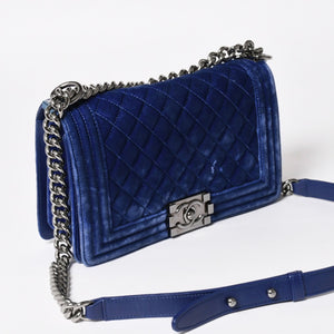 CHANEL Boy Chanel Chain Shoulder Bag No. 21 Coco Mark Velvet Leather Blue Good Condition Used 4a005100