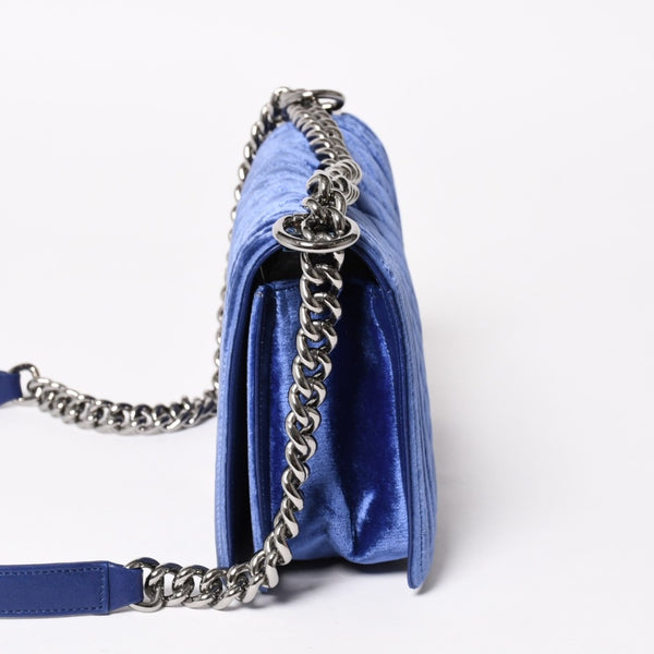 CHANEL Boy Chanel Chain Shoulder Bag No. 21 Coco Mark Velvet Leather Blue Good Condition Used 4a005100