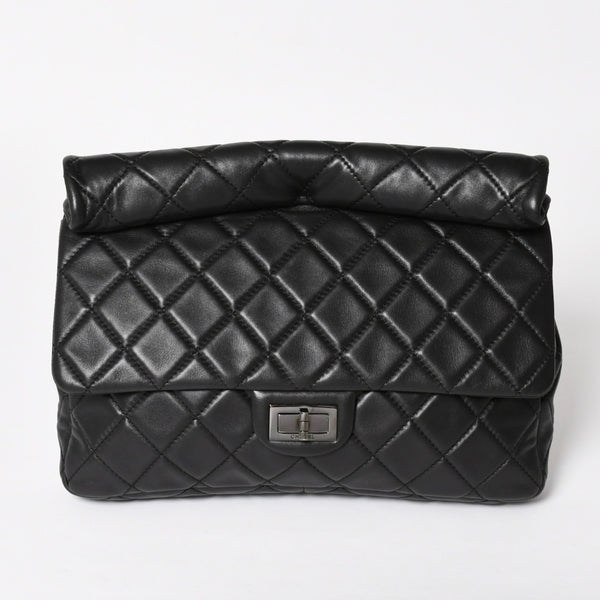 CHANEL CHANEL 2.55 Roll Clutch Bag No. 14 Coco Mark Lambskin Black Ruthenium Hardware Good Condition Used 4a005113