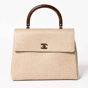 CHANEL Kelly Flap Handbag No. 6 Coco Mark Canvas Wood Handle Brown Beige Good Condition Used 4a004875