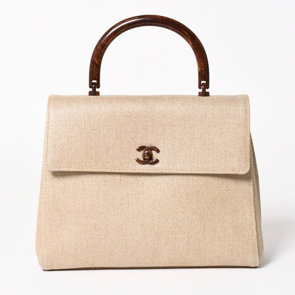 CHANEL Kelly Flap Handbag No. 6 Coco Mark Canvas Wood Handle Brown Beige Good Condition Used 4a004875