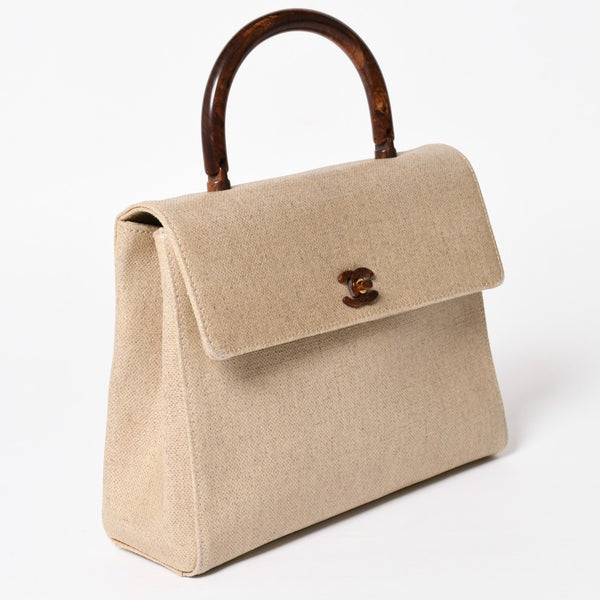 CHANEL Kelly Flap Handbag No. 6 Coco Mark Canvas Wood Handle Brown Beige Good Condition Used 4a004875