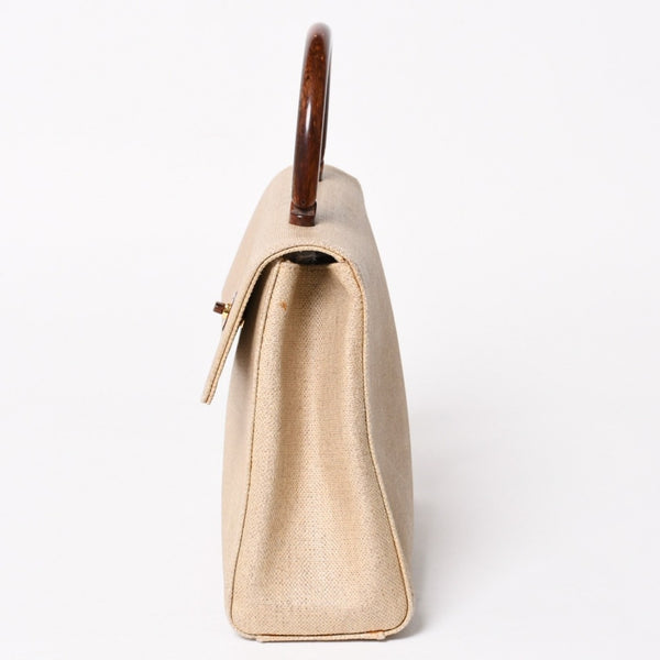 CHANEL Kelly Flap Handbag No. 6 Coco Mark Canvas Wood Handle Brown Beige Good Condition Used 4a004875