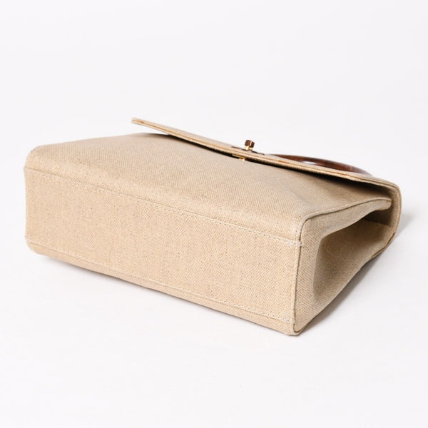 CHANEL Kelly Flap Handbag No. 6 Coco Mark Canvas Wood Handle Brown Beige Good Condition Used 4a004875