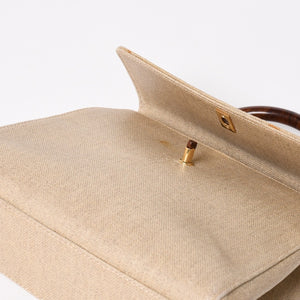 CHANEL Kelly Flap Handbag No. 6 Coco Mark Canvas Wood Handle Brown Beige Good Condition Used 4a004875