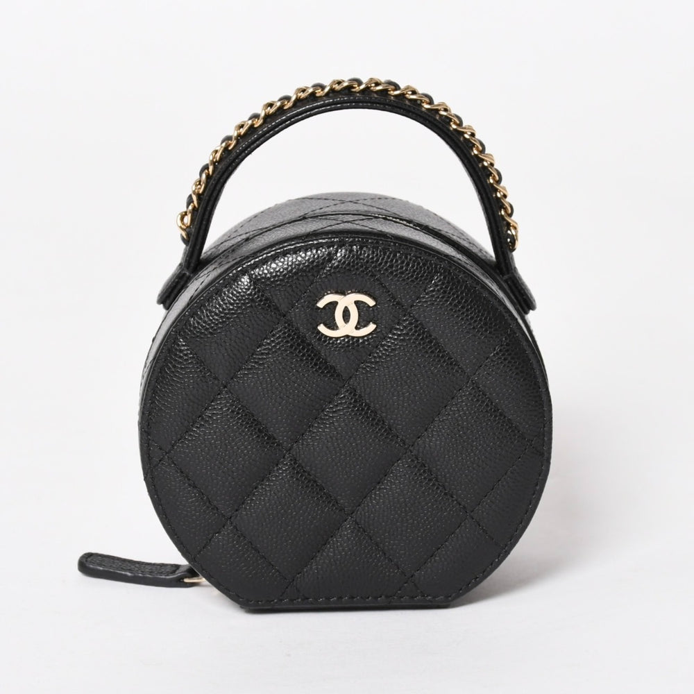 新品同様 CHANEL シャネル スモール ラウンドバニティバッグ ハンドバッグ ランダム番台 ココマーク キャビアスキン ブラック 中古 4a005118