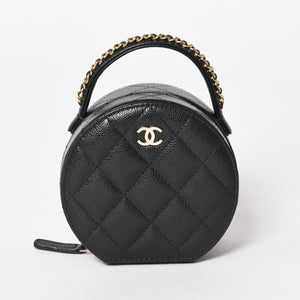 新品同様 CHANEL シャネル スモール ラウンドバニティバッグ ハンドバッグ ランダム番台 ココマーク キャビアスキン ブラック 中古 4a005118