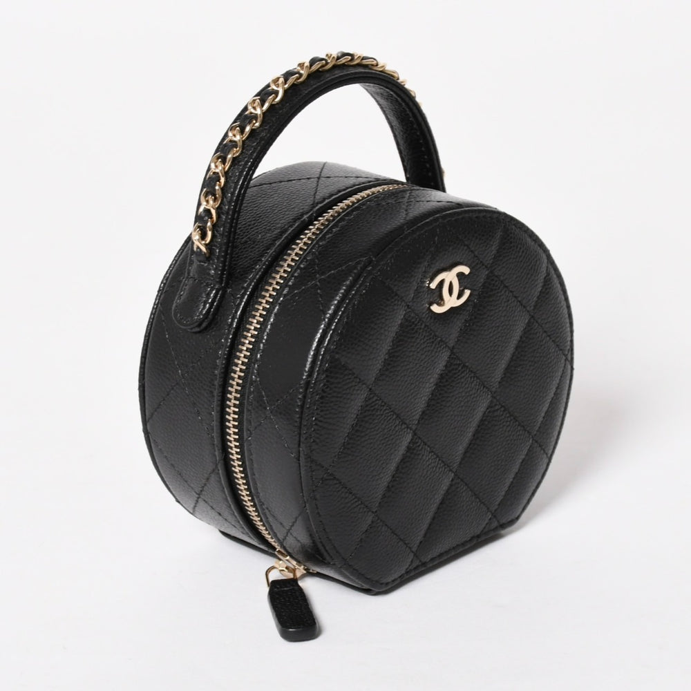 Like new CHANEL Small Round Vanity Bag Handbag Random Number Coco Mark Caviar Skin Black Used 4a005118