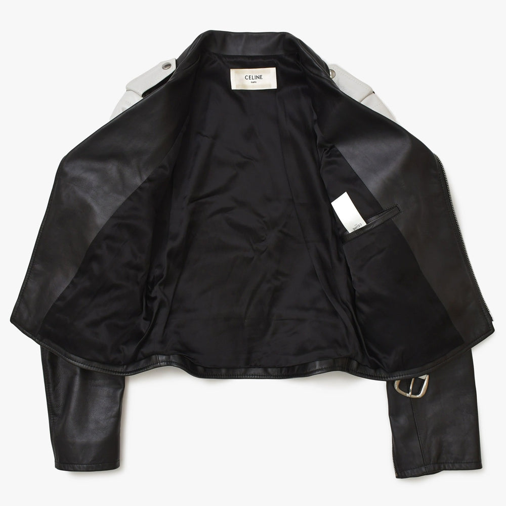 Very Good Condition CELINE Double Riders Jacket Black White Calfskin 2E235599E Silver Hardware Size 36 Used 4a005126