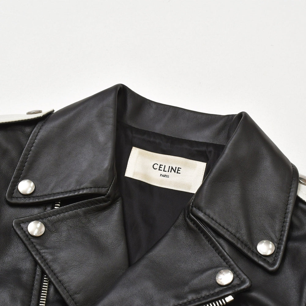 Very Good Condition CELINE Double Riders Jacket Black White Calfskin 2E235599E Silver Hardware Size 36 Used 4a005126
