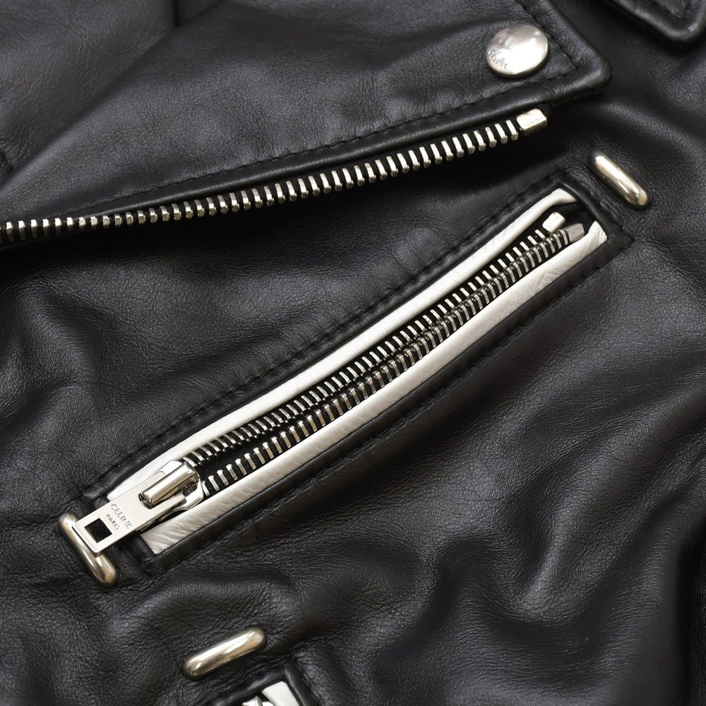 極美品 CELINE セリーヌ ダブルライダースジャケット ブラック ホワイト カーフスキン 2E235599E シルバー金具 サイズ36 中古 4a005126