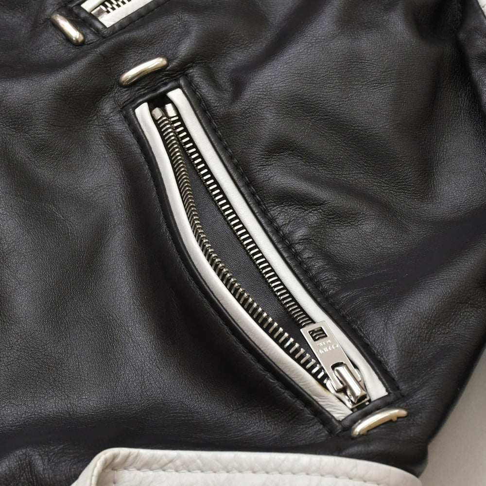 極美品 CELINE セリーヌ ダブルライダースジャケット ブラック ホワイト カーフスキン 2E235599E シルバー金具 サイズ36 中古 4a005126