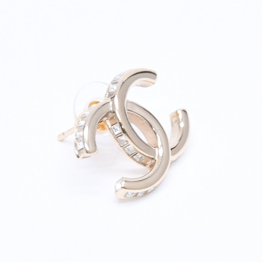 CHANEL Coco Mark Earrings Weight Approx. 6.43g B23B Engraved GP Metal Rhinestone Clear Gold For Both Ears Good Condition Used 4a005160