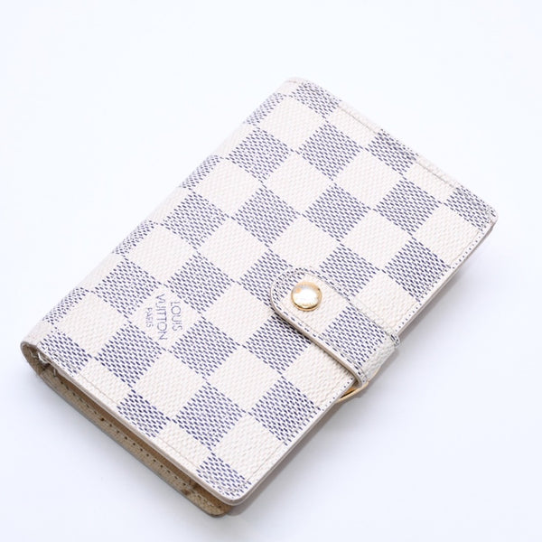 LOUIS VUITTON Bifold Wallet Damier Azur Portefeuille Viennois N61676 White Navy Gold Hardware Good Condition Used 4a005054
