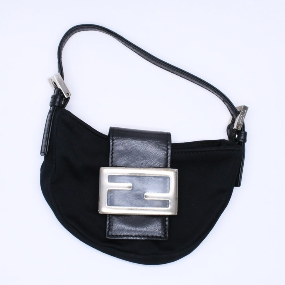 FENDI フェンディ ハンドバッグ ミニクロワッサン ミニマンマポーチ 小物入れ コットンジャージー レザー ブラック シルバー金具 2321 美品 中古 4a004857