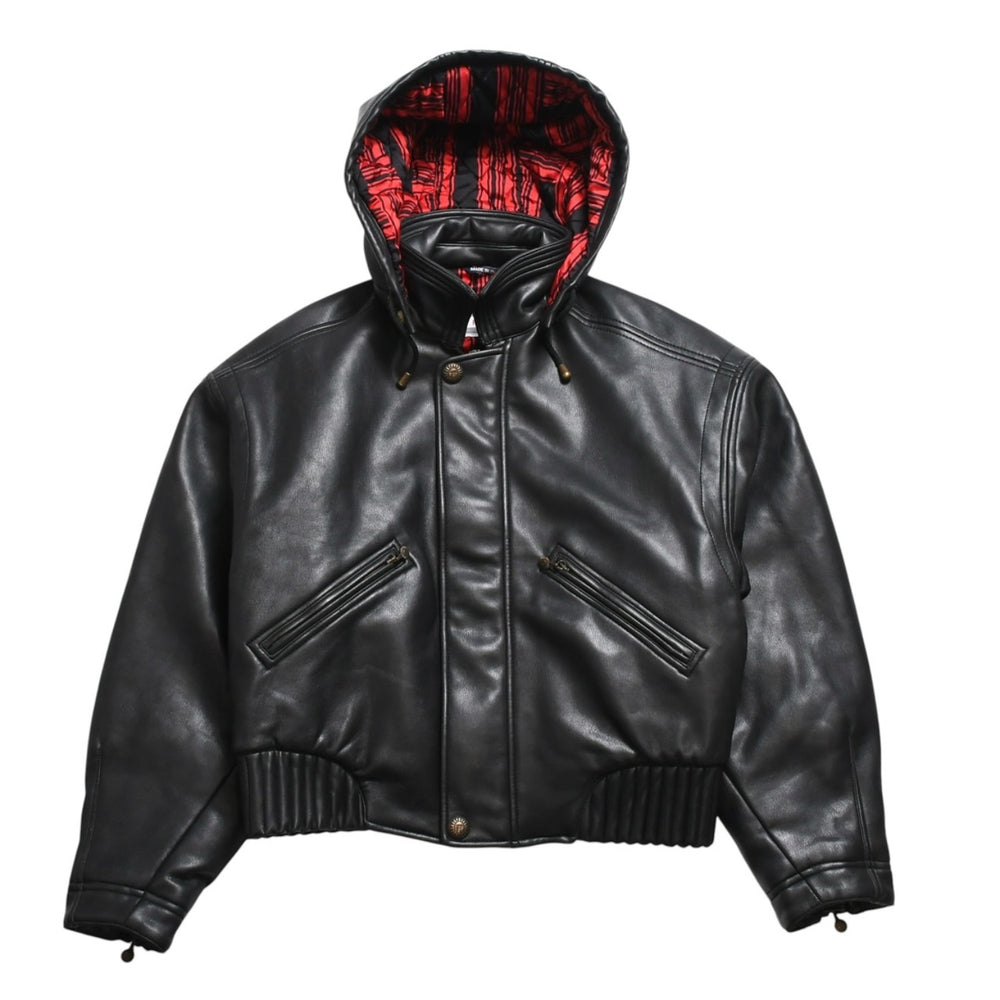 VERSACE SPORT Faux leather footed jacket 303135 Black Red check stripe pattern 46 size Gold hardware Good condition Used 4a005004