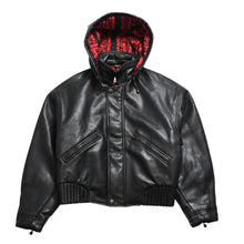 Load image into Gallery viewer, VERSACE SPORT ヴェルサーチ スポーツ フェイクレザーフーテッド ジャケット 303135 ブラック 赤チェックストライプ柄 46サイズ ゴールド金具 美品 中古 4a005004