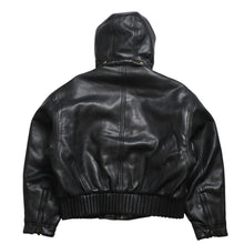 Load image into Gallery viewer, VERSACE SPORT ヴェルサーチ スポーツ フェイクレザーフーテッド ジャケット 303135 ブラック 赤チェックストライプ柄 46サイズ ゴールド金具 美品 中古 4a005004